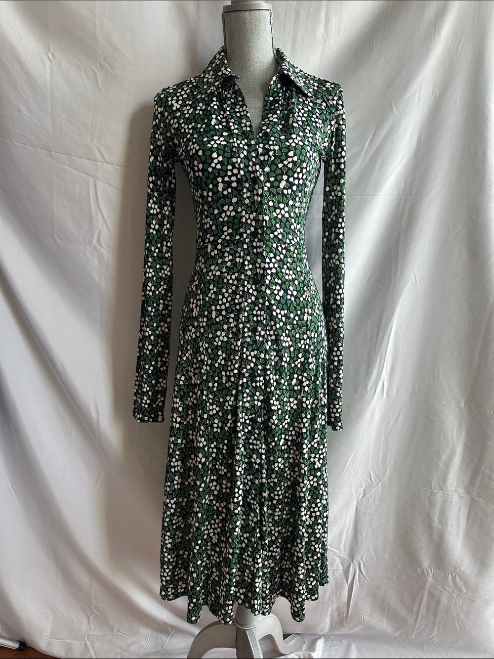 Arket Green Floral Long Sleeve Button-Front Jersey Dress